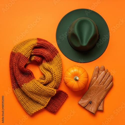 Autumn essentials with a cozy knitted scarf, fashionable hat, leather gloves, and a decorative pumpkin creating a festive seasonal still life arrangement on vibrant orange background .