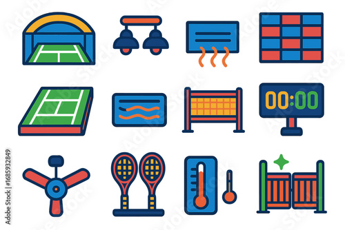 Indoor Tennis Icons. Flat vector icons of indoor tennis: covered court, lighting system, soundproof wall, synthetic surface,