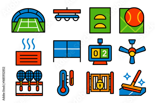 Indoor Tennis Icons. Flat vector icons of indoor tennis: covered court, lighting system, soundproof wall, synthetic surface,