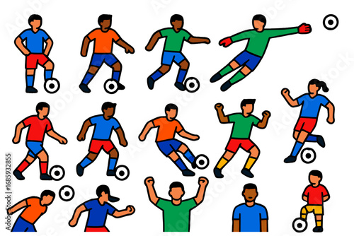 Soccer Player Icons. Flat vector icons of soccer players: striker icon, midfielder icon, defender icon, goalkeeper icon, player