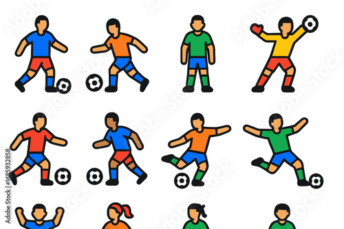 Soccer Player Icons. Flat vector icons of soccer players: striker icon, midfielder icon, defender icon, goalkeeper icon, player