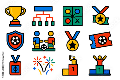 Soccer Tournament Icons. Flat vector icons of soccer tournament symbols: cup trophy, bracket chart, group stage icon, knockout