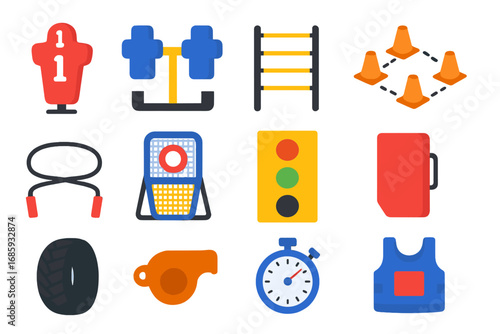 Football Training Icons. Flat vector icons of football training equipment: tackling dummy, blocking sled, agility ladder, cone