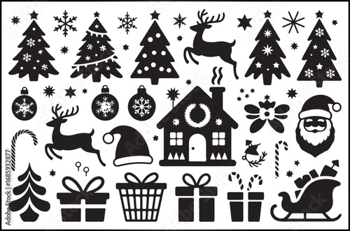 Festive black and white Christmas scene featuring Santa on a sleigh, snow-covered cottage, pine trees, reindeer, snowflakes, and “Merry Christmas”