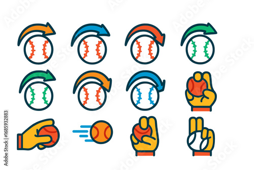 Baseball Pitch Icons. Flat vector icons of baseball pitches: fastball, curveball, slider, changeup, knuckleball, sinker, cutter,