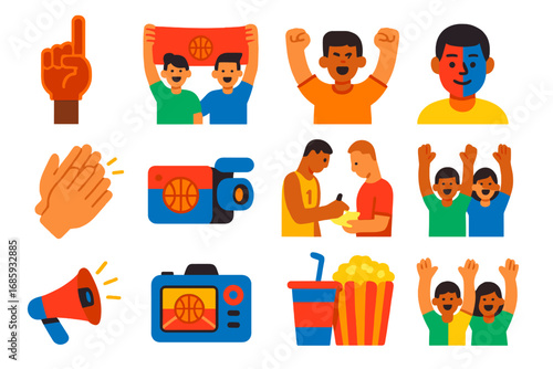 Basketball Fan Icons. Flat vector icons of basketball fans and audience: foam finger, team banner, cheering fan, face paint,