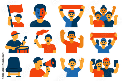 Soccer Fan Icons. Flat vector icons of soccer fans and crowd: waving flag, face paint, supporter scarf, crowd cheer, drum beating,