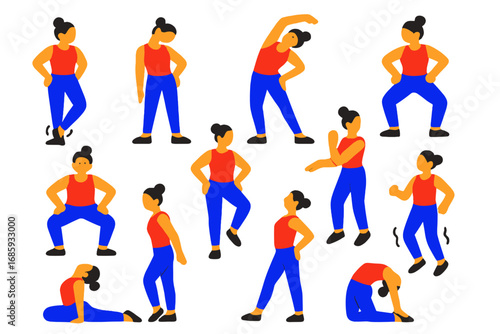 Vibrant Dance Icons. Flat vector icons of dance warm-up: ankle rolls, neck tilt, side bends, hip circles, plies, toe points, wrist