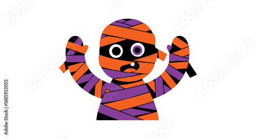 Whimsical halloween mummy character illustration with orange and purple bandages