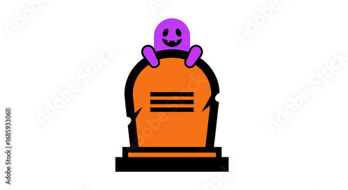 Playful cartoon ghost peering from behind tombstone, festive halloween season