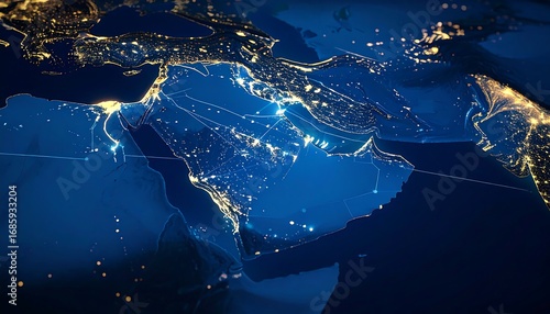 A nighttime map of the Middle East, highlighting city lights and connecting lines, potentially showing air or sea routes