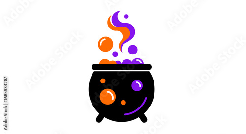 Enchanting brew composition, bubbling cauldron with magic vapors, halloween art