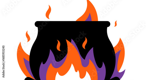 Whimsical halloween vector design with boiling cauldron and flames illustration