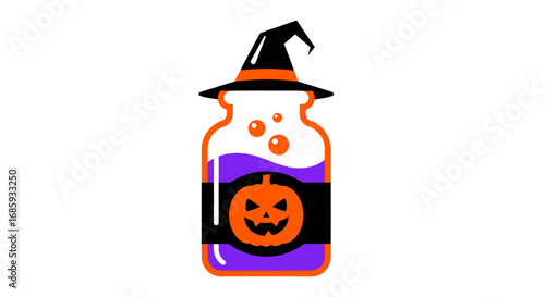 Whimsical halloween potion bottle with pumpkin and witch hat illustration