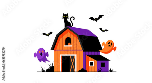 Colorful barn illustration with halloween themed elements, creating an eerie