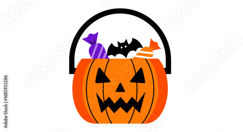 Festive halloween pumpkin container brimming with treats and a bat figure