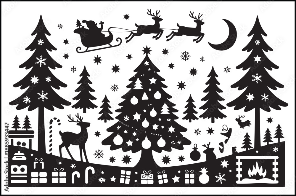 Obraz premium Black and White Christmas Silhouette with Decorated Tree, Reindeer Pulling Gift-Filled Sleigh, and Pine Trees – Festive Holiday Winter Scene Vector Illustration
