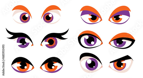 Diverse set of whimsical stylized eyes with unique expressions and vibrant hues