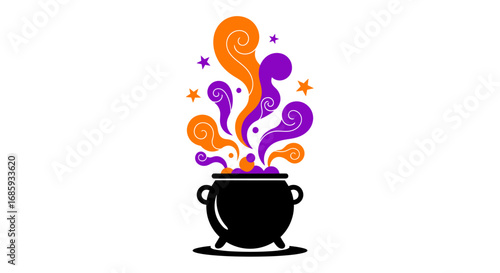 A festive cauldron bubbling with swirling vapors and twinkling stars design