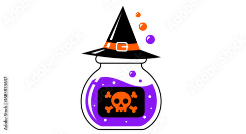 Whimsical halloween potion cauldron with witch hat, ready for celebration