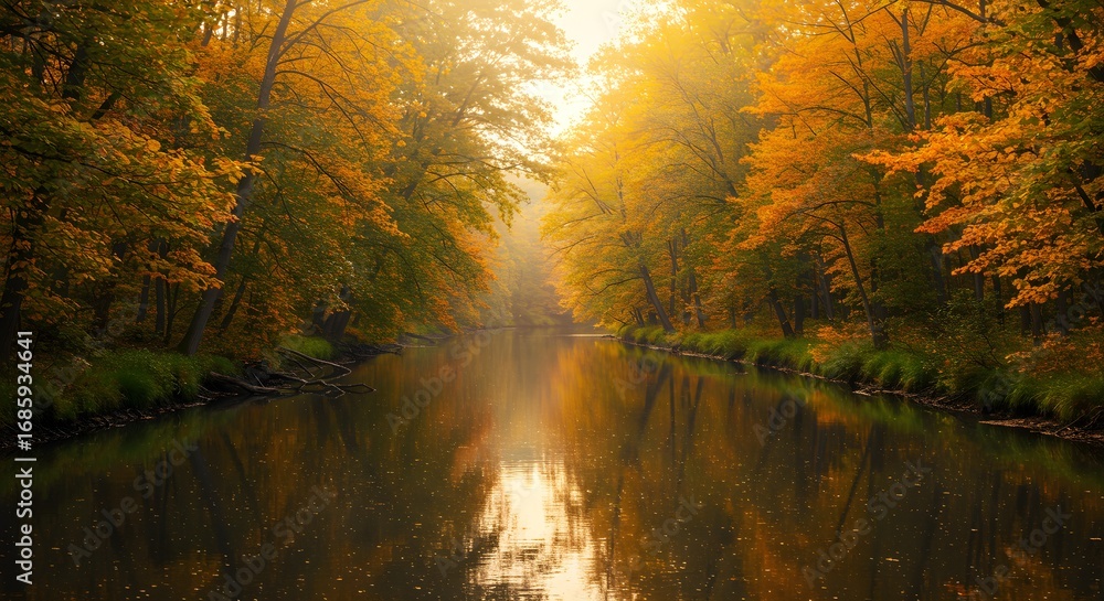 Obraz premium Autumnal River reflects vibrant foliage, soft lighting. Ideal for nature posters, travel photography, scenic wallpapers.