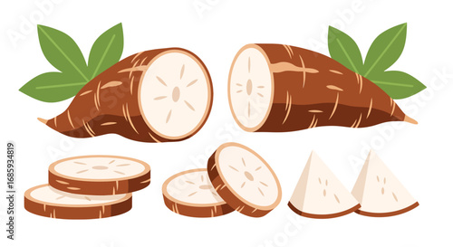 Vibrant vector illustration of cassava root segments with leaves on white canvas