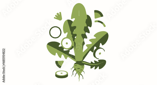 Stylized illustration featuring a dandelion with geometric elements