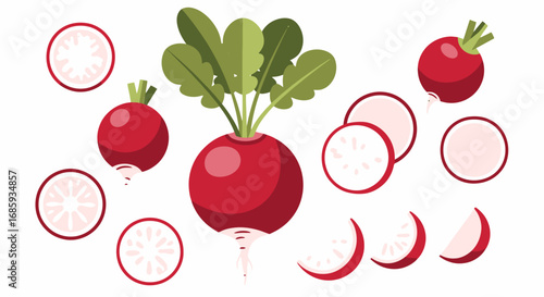 Fresh radish assortment, illustrating whole, halved, and sliced vegetables