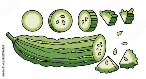 Stylized illustration showcasing a sliced cucumber and isolated segments for