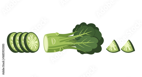 Stylized vector illustration of sliced, whole, and quartered broccoli florets
