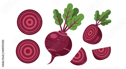 Stylized Beetroot Composition with Slices and Greenery for Vegan Projects