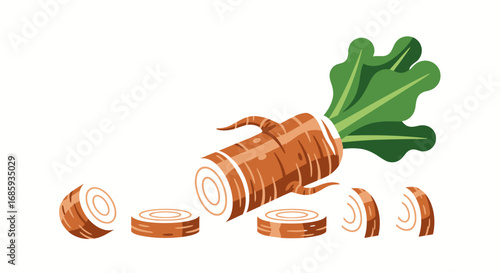 Stylized illustration displaying a segmented carrot with vibrant green leaves