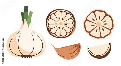 Illustrative representation showcasing garlic bulbs and lemon slices on a