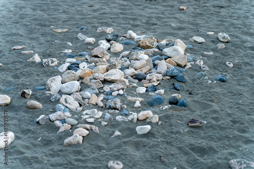 Stones and seashells on the sandy beach of Limassol, Cyprus. Natural texture by the sea.
