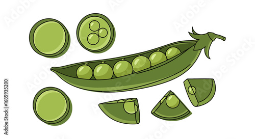 A cartoon illustration depicting fresh green peas in pods and sliced servings
