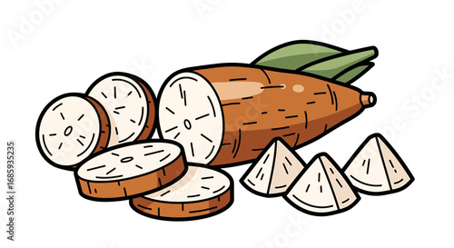Whimsical cartoon illustration of sliced and whole cassava root vegetables