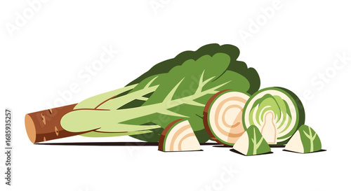 A minimalist illustration featuring fresh bok choy and sliced brussels sprouts