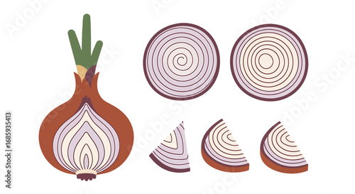 Creative depiction of sliced red onions featuring bold outline and fresh leaves