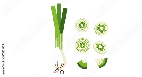 Illustration of fresh spring onion scallion with slices isolated on plain