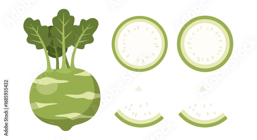 Kohlrabi depiction with leaves and cross-sections showcasing its inner texture