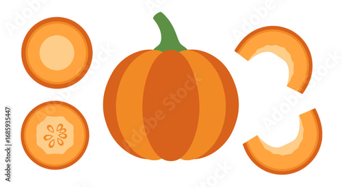Whimsical pumpkin composition in segments, sliced view, on pure white backdrop
