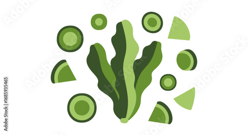 Stylized aquatic vegetation, vibrant seaweed, and geometric green shapes
