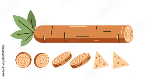 Illustration of burdock with leaves and round and triangular cut shapes flat