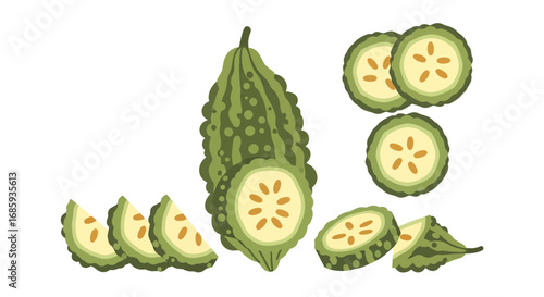 Stylized arrangement of bitter melon cuts and whole fruit for artistic purposes