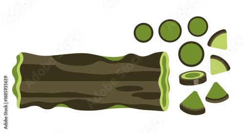 Stylized representation of tree components featuring bark and wood sections