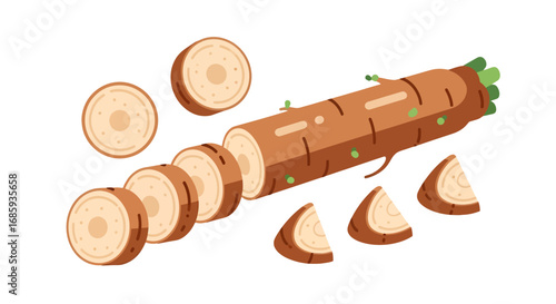 Artistic illustration of sliced and whole burdock root on plain backdrop