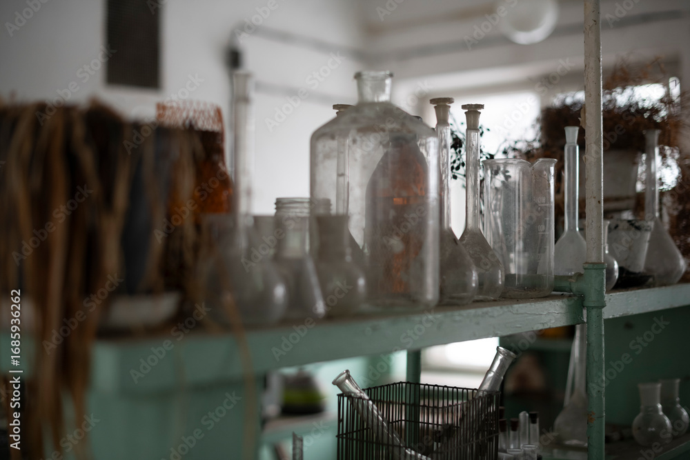 Fototapeta premium Old Ruined Abandoned Agricultural Farming and Animal Research Laboratory with Equipment