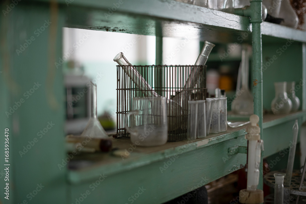 Fototapeta premium Old Ruined Abandoned Agricultural Farming and Animal Research Laboratory with Equipment