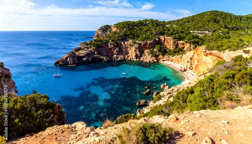 Coastal scenery with a turquoise bay and rocky cliffs