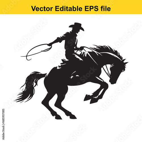 Silhouette of a cowboy riding a bucking horse with a lasso, isolated on white background